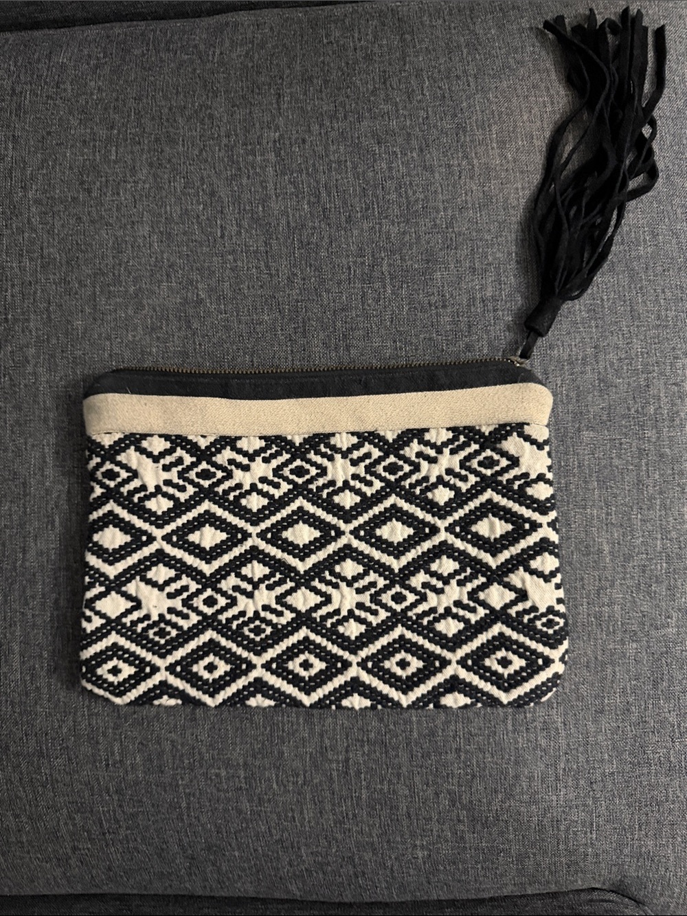 LOFT Black and White Woven Geometric Wristlet with Tassel